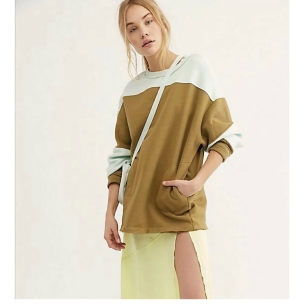 Free People Jordan Color Block Oversized Pocket Sweatshirt Citron Mint SZ S
